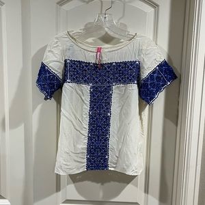 Plenty by Tracy Reese top, blue embroidery, cream viscose size small